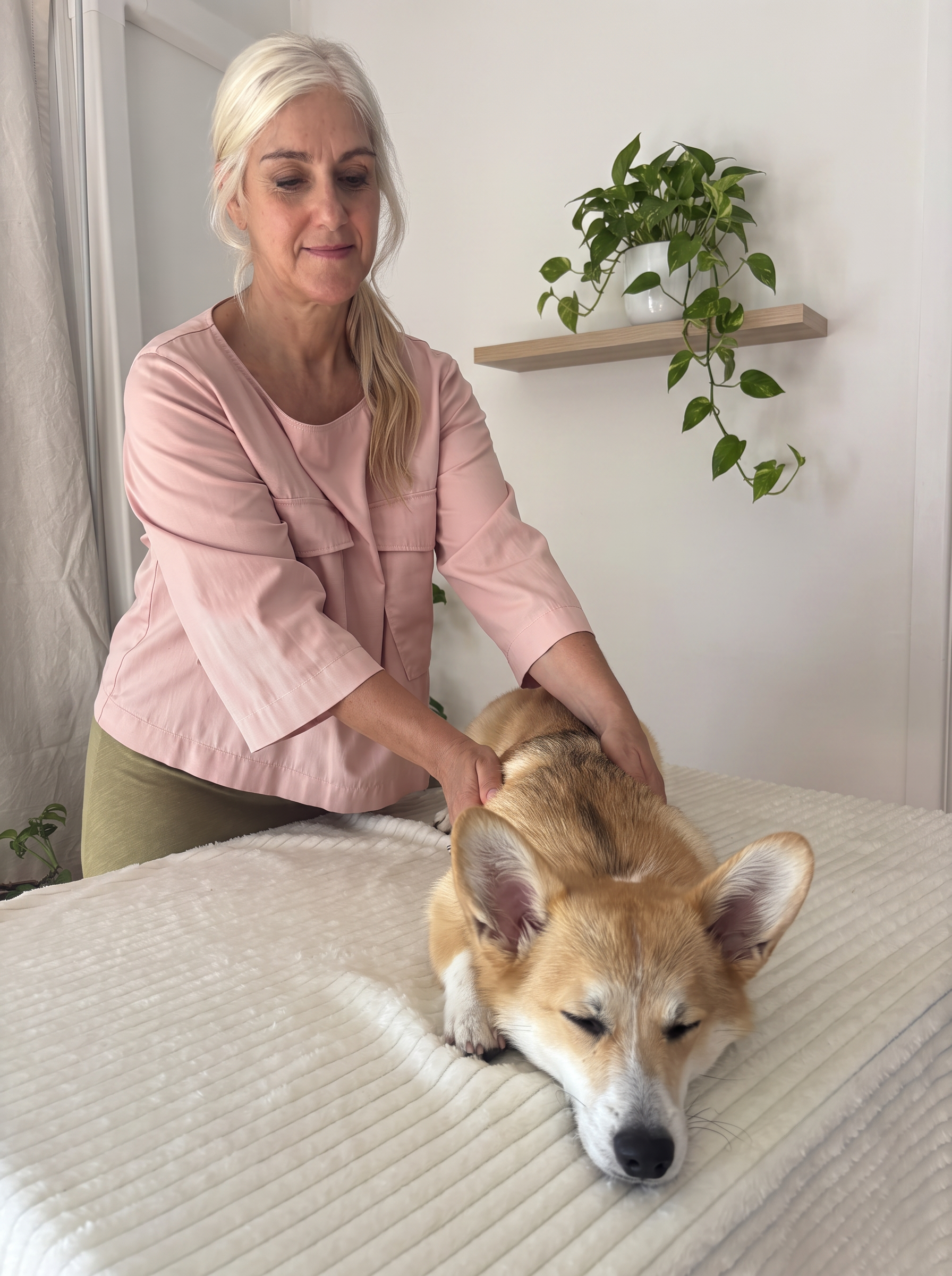 Cécile Gillet prodiguant un soin énergétique à un chien corgi allongé sur une table